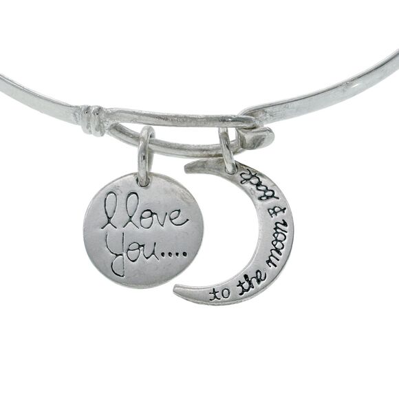 Vintage Sterling Silver 925 "I Love You to the Moon & Back" Charm Bangle 7" - Picture 2 of 6